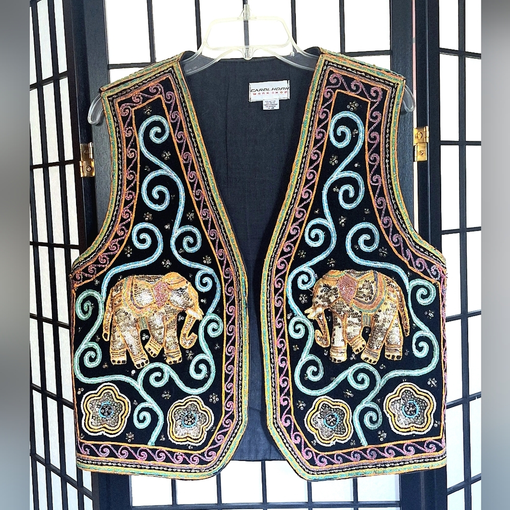 Elephant lovers! Handmade vest; rope trim, embroidery & sequins, black suede, L